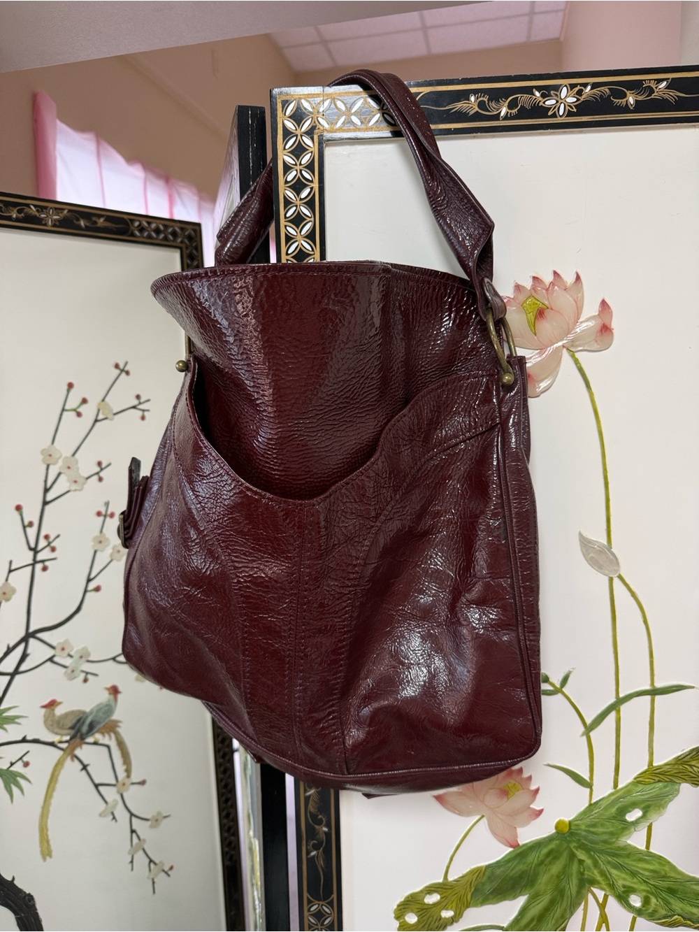 •  Bica Cheia Anthropologie Burgundy Crinkled Patent Leather Hobo Bag